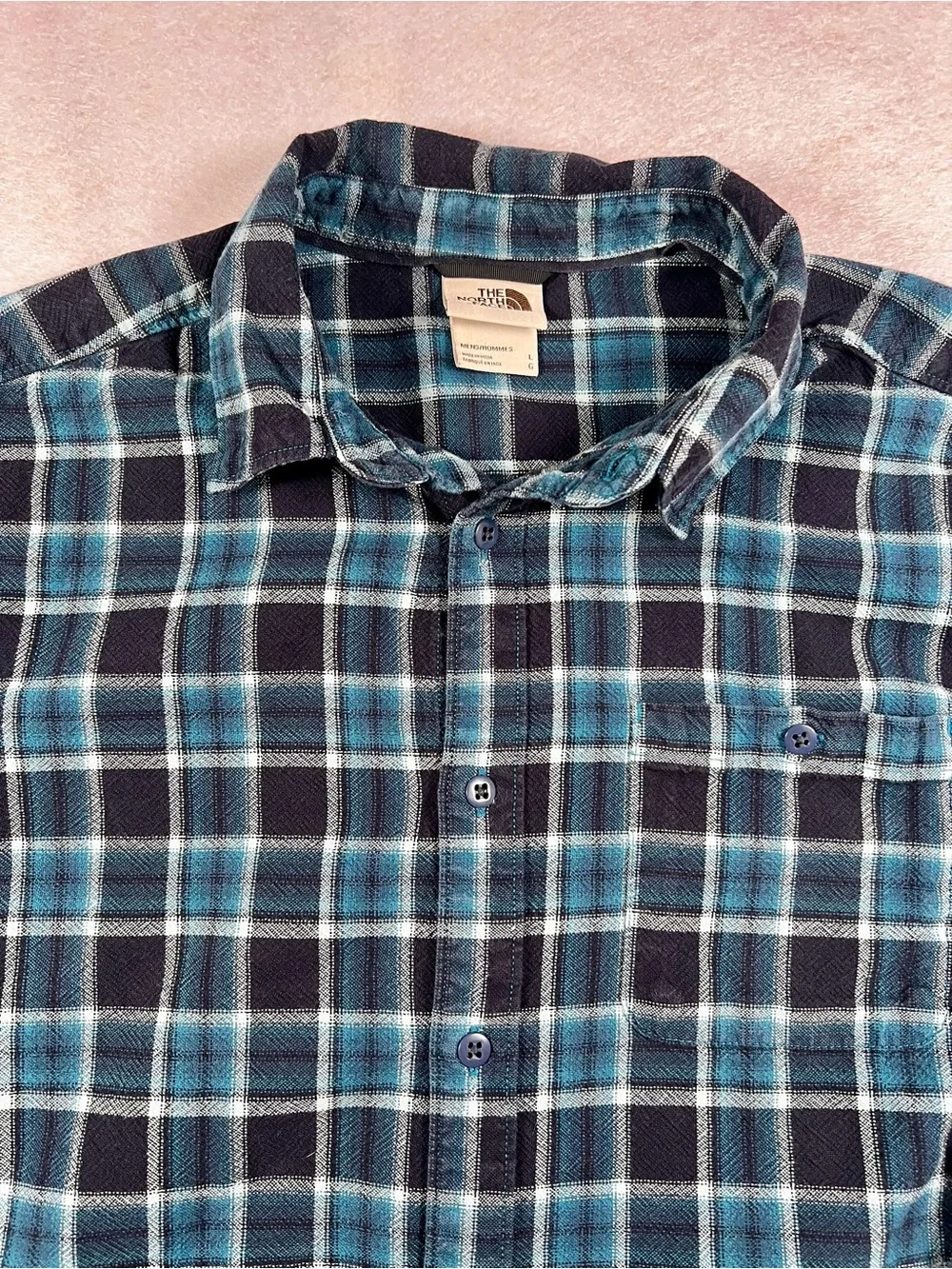 The North Face Men’s Large Blue Plaid Flannel Shirt Button Down Outdoor Hiking
